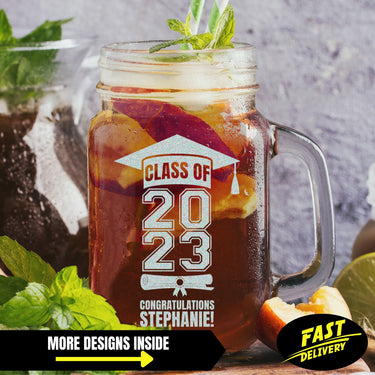 Personalized Name/Text Drinking Mug Glass | Etched Graduate Jar Glass